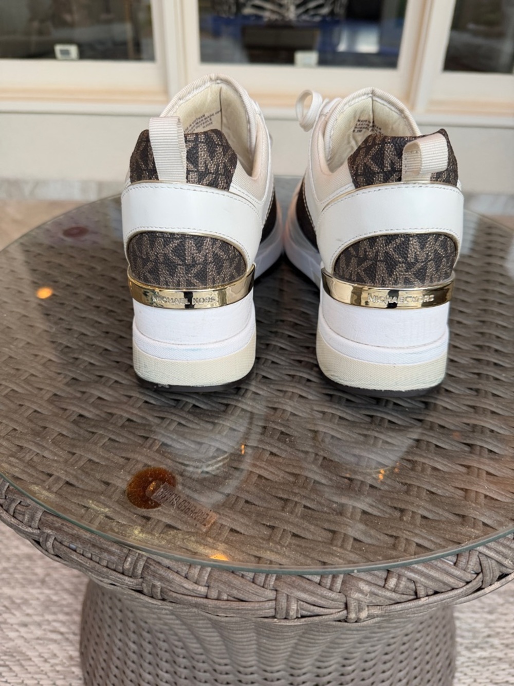 Michael Kors White Sneakers with Brown Logo Panels and Gold Accents - Picture 3 of 7